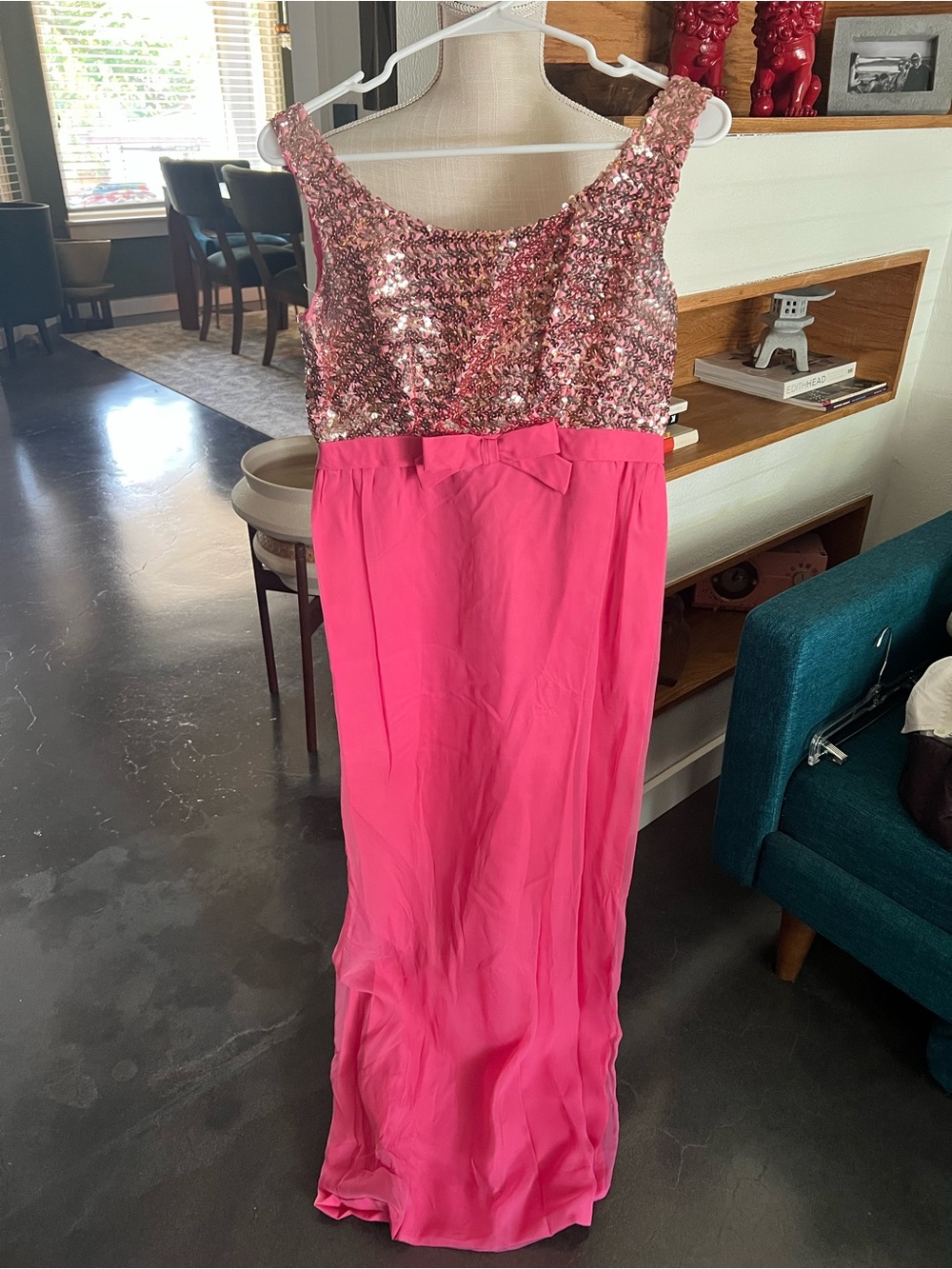 Sequin Bodice Hot Pink Maxi Dress with Bow Waist
